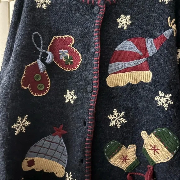 VTG Handknit Silk Mohair Cardigan Women's Large Blue Mitten Embroidery Winter - Picture 2 of 6